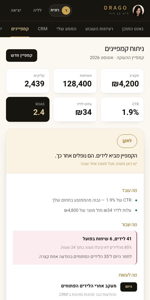 ניתוח קמפיינים באפליקציית DRAGO — במסך הטלפון