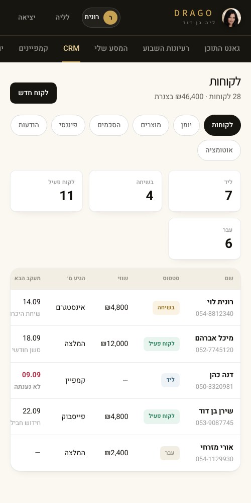 ניהול הלקוחות (CRM) באפליקציית DRAGO — במסך הטלפון